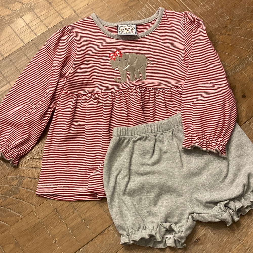EUC Crimson striped 2 piece outfit Elephant appliqué adorable set 2T